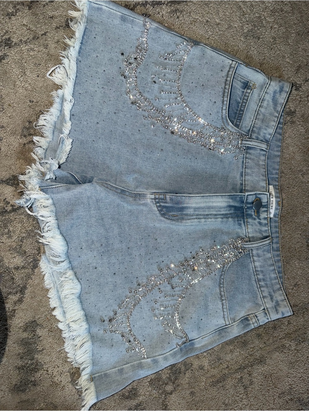 12th Tribe Light Blue Embellished Frayed Hem Denim Shorts